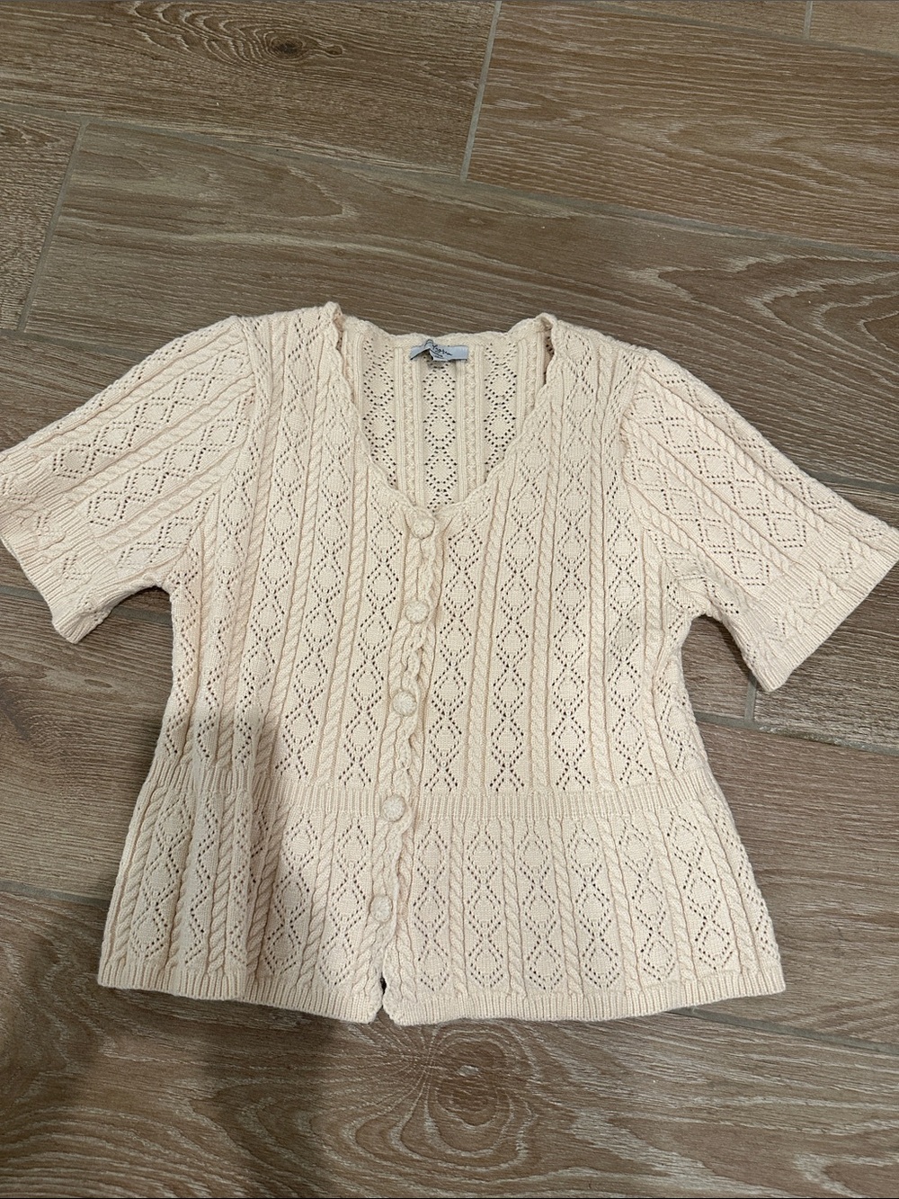 Polagram Cream Openwork Short-Sleeve Knit Cardigan